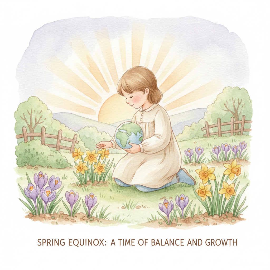 Watercolor illustration of a young child in a spring garden holding a small globe, with crocuses and daffodils blooming and a gentle sunrise in the background