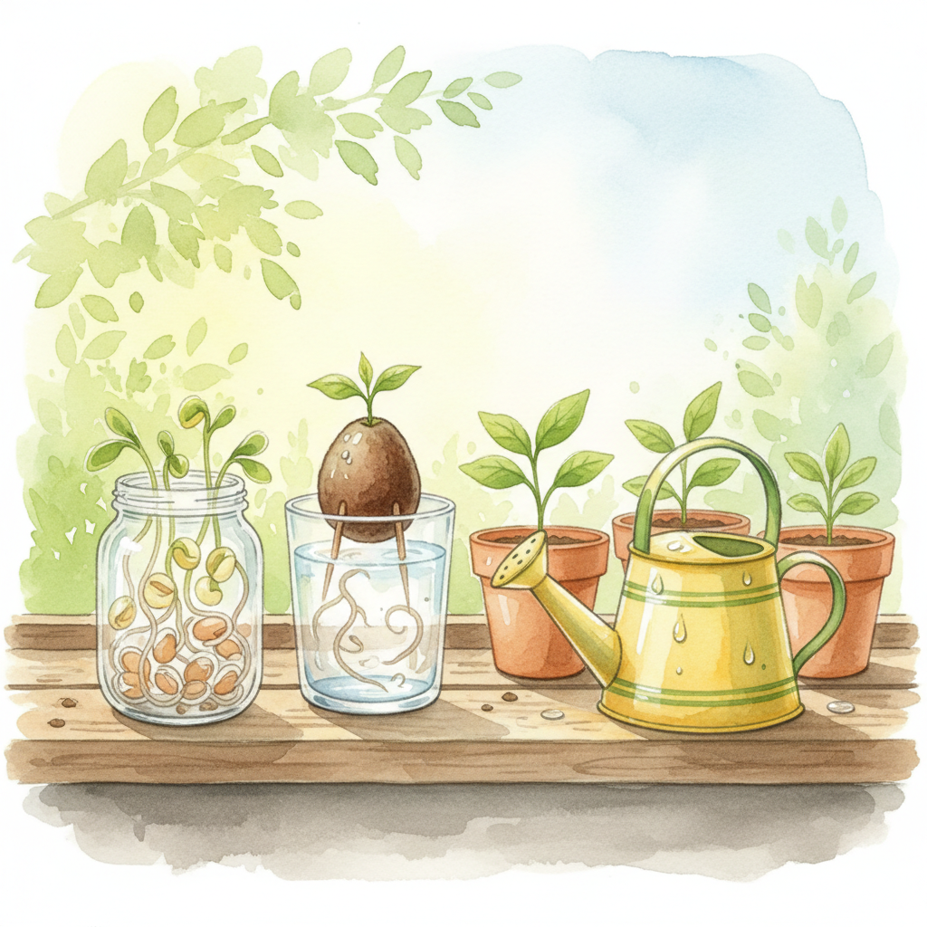 Watercolor illustration of sprouting bean seeds in a jar, an avocado pit growing in water, potted seedlings on a windowsill, and a child-sized watering can