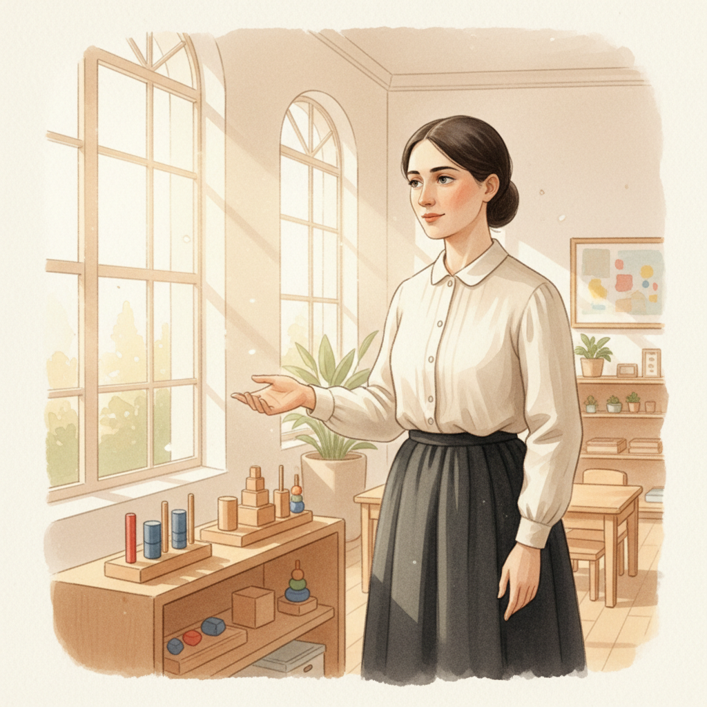 Watercolor portrait of Maria Montessori in an early-1900s sunlit Montessori classroom