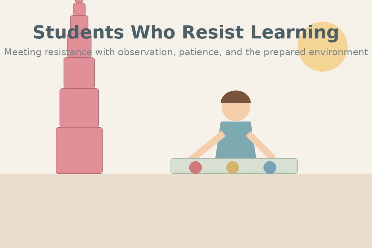 A child working calmly at a Montessori mat beside the pink tower, illustrating patience and the prepared environment