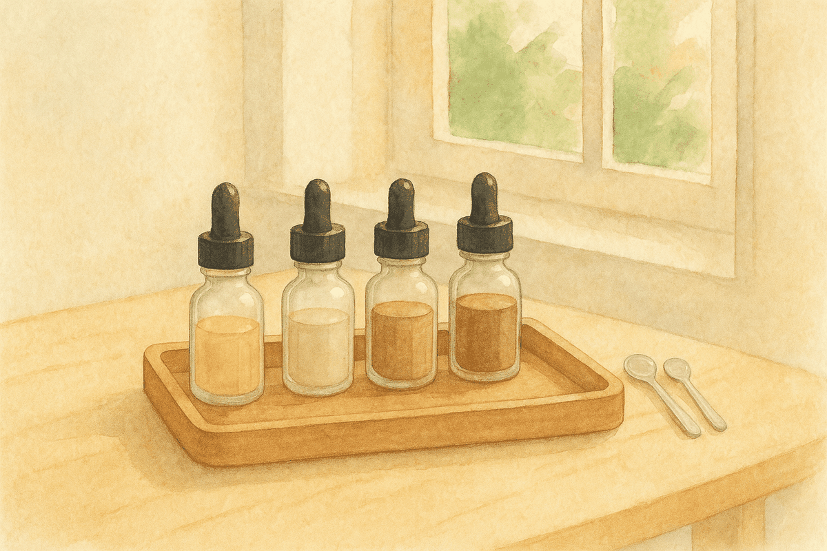 Montessori Tasting Bottles — a wooden tray of small identical glass dropper bottles holding faintly colored sweet, sour, salty, and bitter liquids, with glass tasting spoons on a sunlit wooden table
