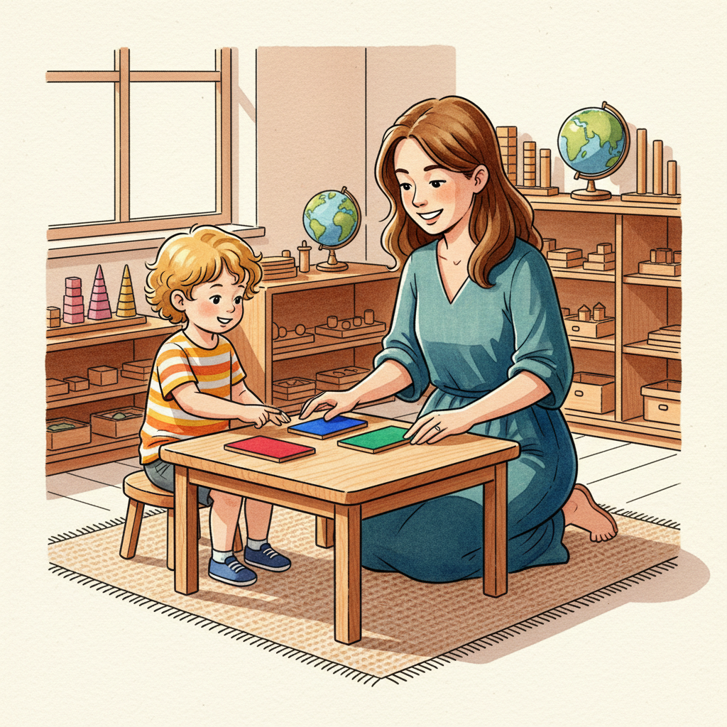 Warm watercolor of a parent and young child at a low table doing a Montessori three period lesson with a small ball and a large ball