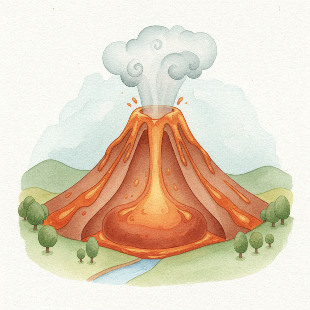 Illustration of a volcano erupting with labeled parts