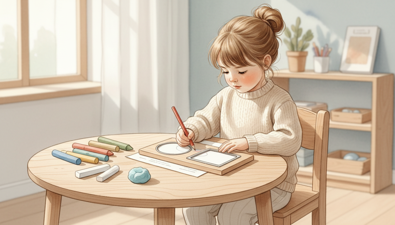 A young child at a low wooden table tracing a metal inset shape onto paper with a colored pencil, beside large crayons, chalk, and a ball of modeling clay
